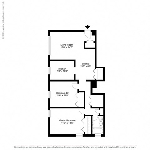 Floor plan for 2 beds, 1 bath, 852 sqft